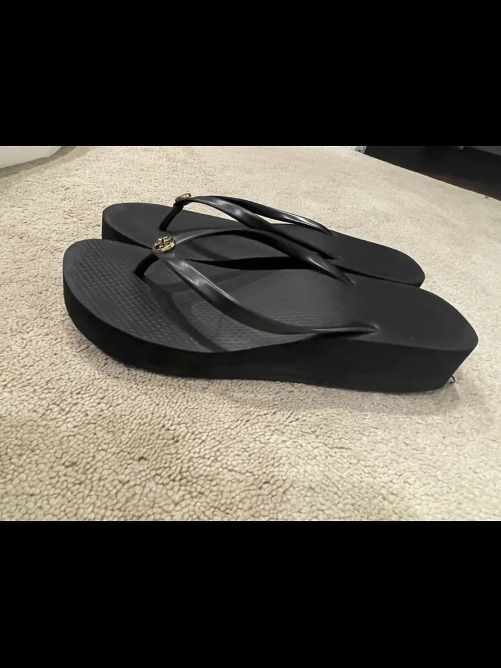 Tory Burch platform Black Flip Flops with Gold Logo Medallions